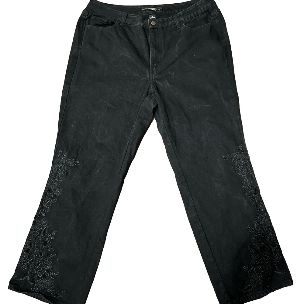 Venezia Black Embroidered Jeans Wide Leg Size: 18